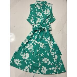 J. Crew Women's Size 12 Florence Floral Green Sleeveless Shirt Dress Tie Waist